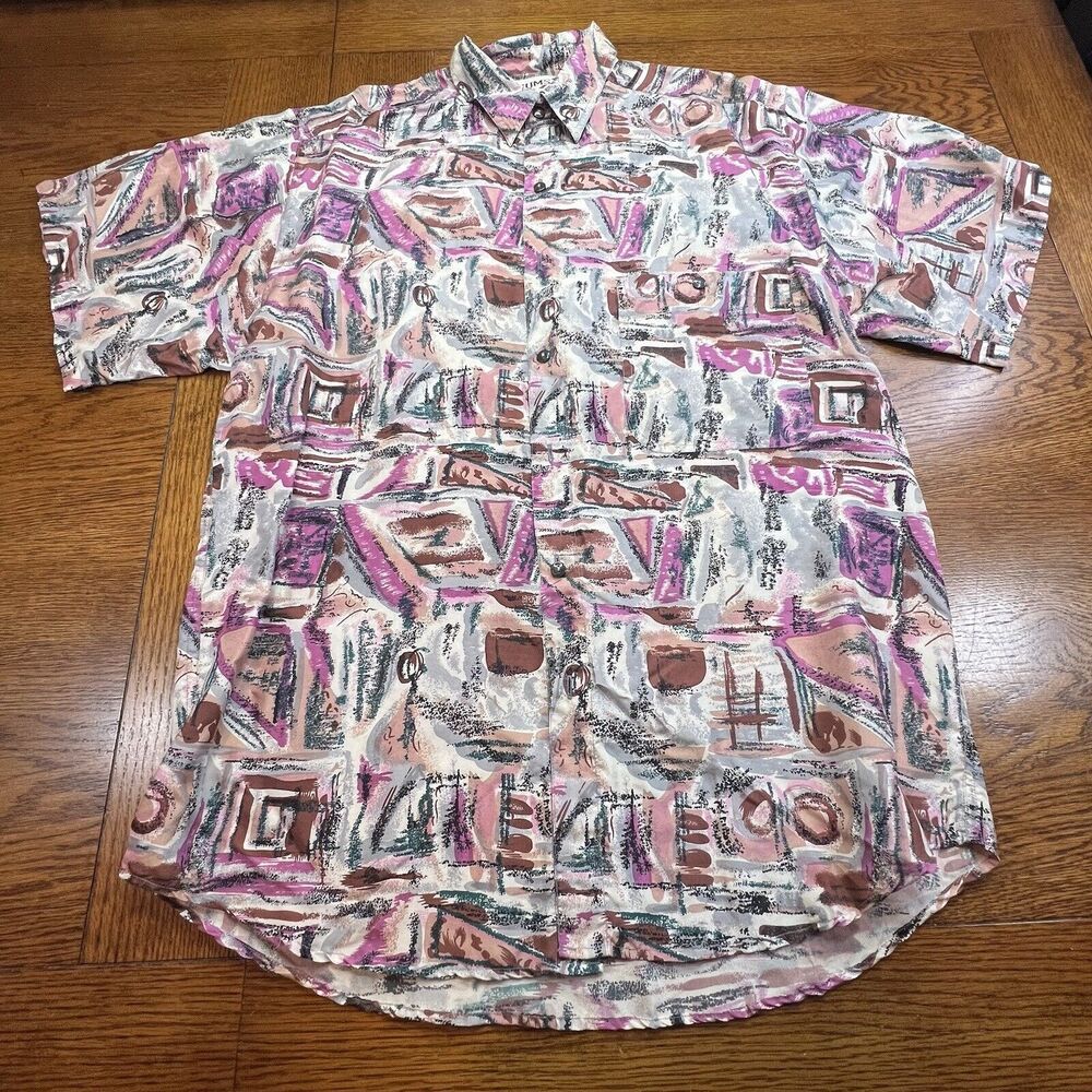 VTG Men’s Thums Up Silk Abstract Art Quirky Cosby Grunge Button Up Shirt Small